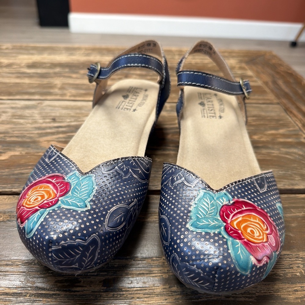 Spring Step L'Artiste Lizzie Roso Leather Clogs Floral Blue Mary Jane Shoes 38